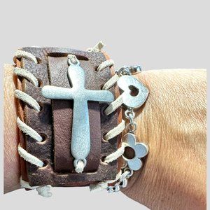 STATEMENT LEATHER BRACELET W/ CROSS - HANMADE